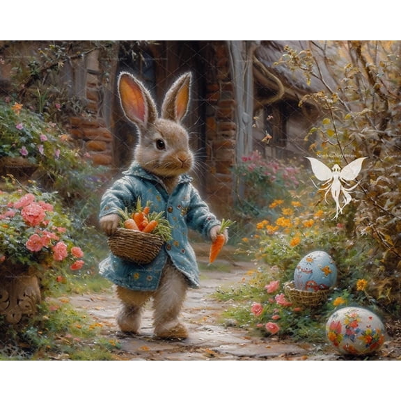 Easter Rabbit Spring Blossom Garden Wall Art, Nursery Easter Decor 8x12 UNFRAMDE