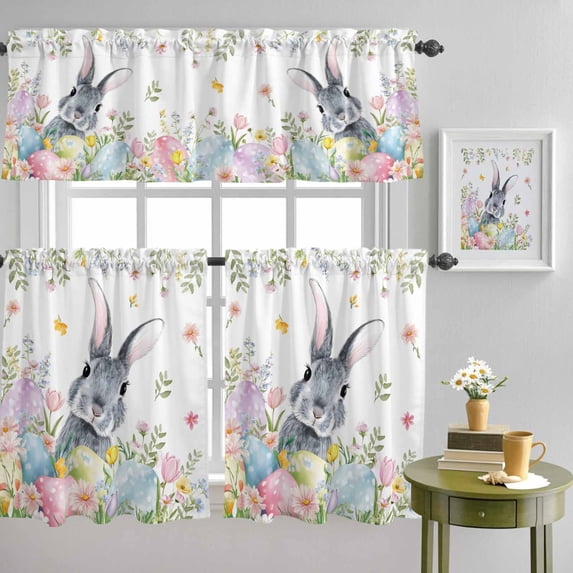 Easter Rabbit Spring Flower Leaf Curtain Tier and Valance Set 3 Piece, Blue Pink Green Purple Egg 3-inch Rod Pocket Window Tier Curtains Valance for Kitchen Living Room