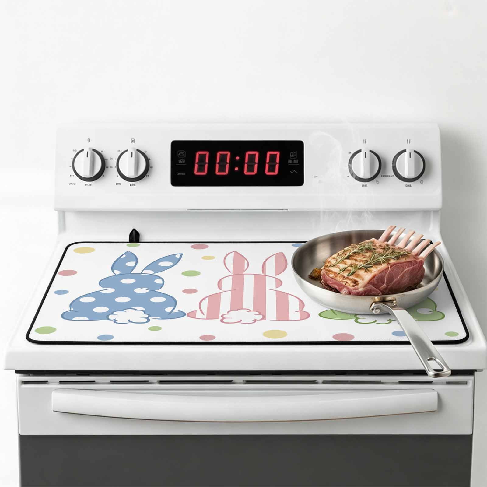 Easter Rabbit Stove Top Cover for Electric Stove, Heat-proof & Non Slip Glass Top Stove Cover Protector, Pink Blue Green Bunny Spring Polka Dots Kitchen Flat Cooktop Rubber Mat 24x21 Inches