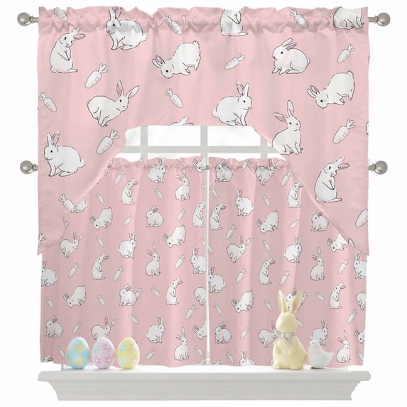 Easter Rabbit Swag Curtains Valance & Tier Set, Cute White Bunny Carrots Pink Background 3 Pcs Set Kitchen Swag Valances and Tiers 36 Inch Length Rod Pocket Curtain Drapes for Bedroom