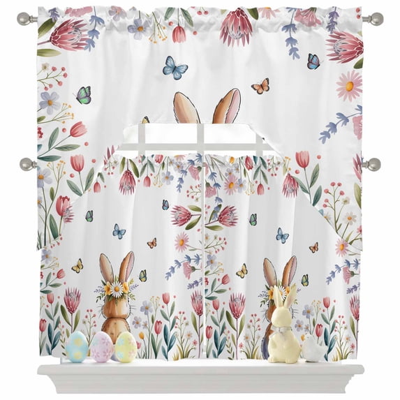 Easter Rabbit Swag Curtains Valance & Tier Set, Spring Bunny Colored Floral Butterfly 3 Pcs Set Kitchen Swag Valances and Tiers 24 Inch Length Rod Pocket Curtain Drapes for Bedroom