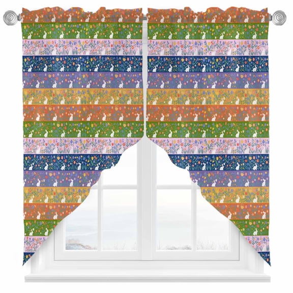 Easter Rabbit Swag Kitchen Curtain Valances, Color Striped Flowers Spring Cartoon Animal Rod Pocket Curtains Window Treatment Decor Valances for Bedroom Bathroom, 2 Panels 36 x 36 Inch