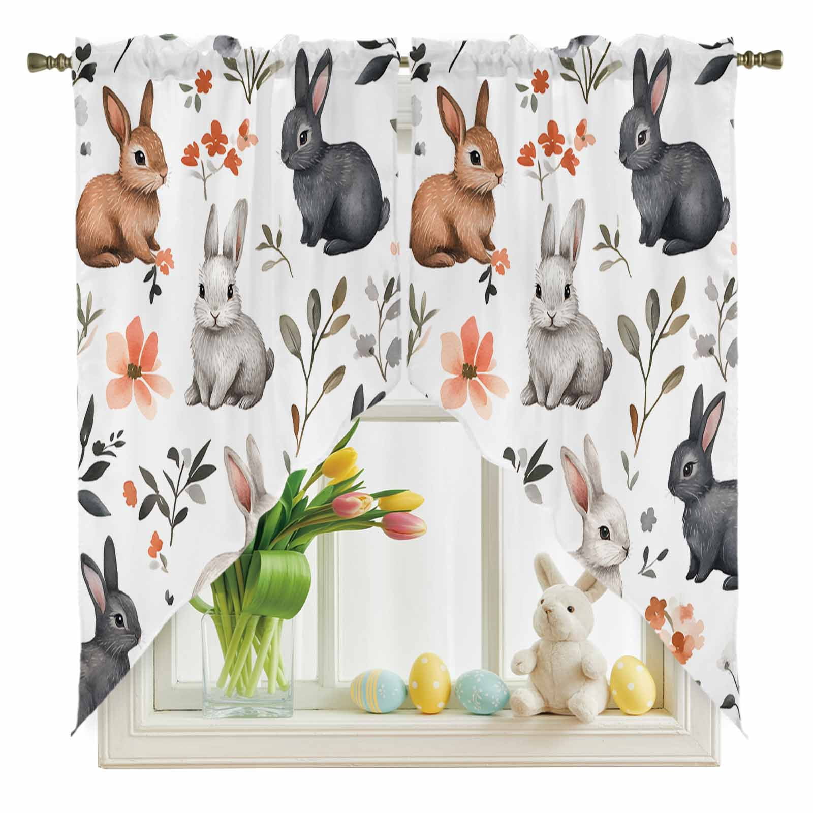 Easter Rabbit Swag Kitchen Curtain Valances, Leaf Red Floral Rod Pocket ...
