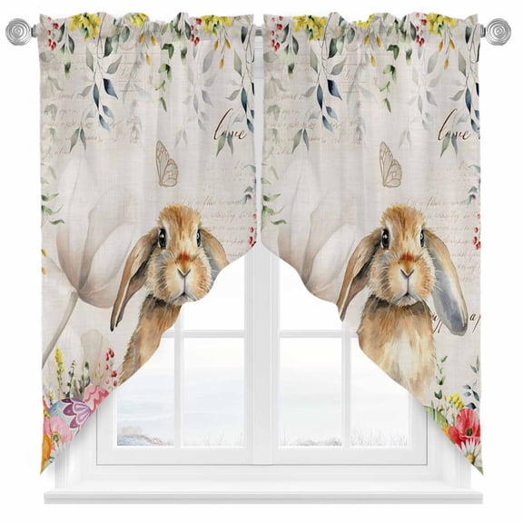 Easter Rabbit Swag Kitchen Curtain Valances, Spring Floral Leaf Botanical Yellow Bunny Egg Rustic Rod Pocket Curtains Window Treatment Decor Valances for Bedroom Bathroom, 2 Panels 28 x 36 Inch