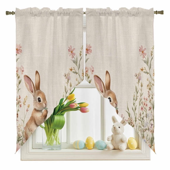 Easter Rabbit Swag Kitchen Curtain Valances, Vintage Yellow Bunny Spring Colorful Floral Leaf Linen Texture Rod Pocket Curtains Window Treatment Valances for Bedroom Bathroom, 2 Panels 28 x 36 Inch