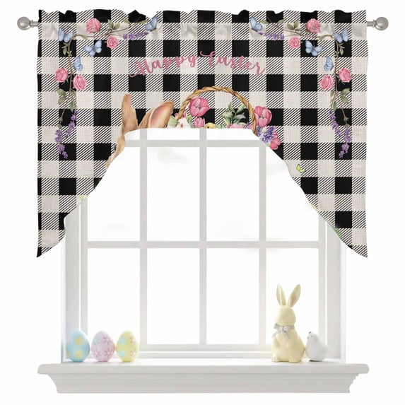 Easter Rabbit Swag Valances for Kitchen Window, Spring Colorful Egg Floral in Basket Grass Black Plaid Small Swag Valances Rod Pocket Curtain Drapes Window Treatment for Bedroom Bathroom, 56x36 Inch
