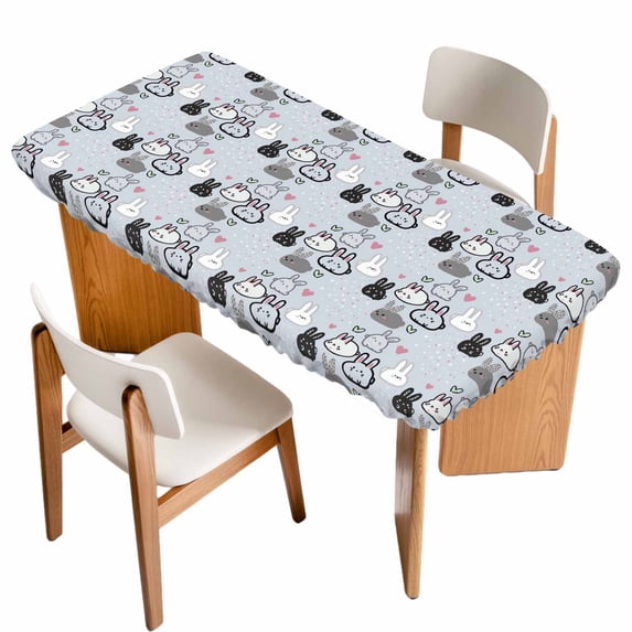 Easter Rabbit Table Cloths for 3 Foot Rectangle Tables, Cartoon Cute Bunny Sketch on Blue Patio Waterproof Elastic Fitted Tablecloths, Washable Rectangular Table Cover for Camping
