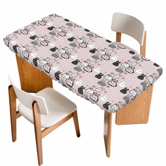 Easter Rabbit Table Cloths for 3 Foot Rectangle Tables, Cartoon Cute Bunny Sketch on Pink Patio Waterproof Elastic Fitted Tablecloths, Washable Rectangular Table Cover for Camping