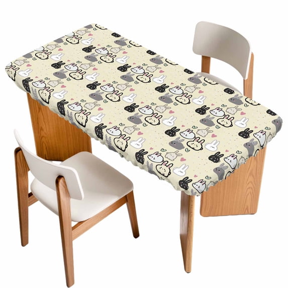 Easter Rabbit Table Cloths for 4 Foot Rectangle Tables, Cartoon Cute Bunny Sketch on Yellow Patio Waterproof Elastic Fitted Tablecloths, Washable Rectangular Table Cover for Camping
