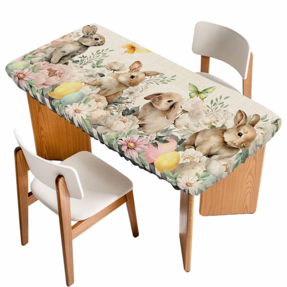 Easter Rabbit Table Cloths for 6 Foot Rectangle Tables, Farmhouse Spring Botanical Flowers Eggs Grid Patio Waterproof Elastic Fitted Tablecloths, Washable Rectangular Table Cover for Camping