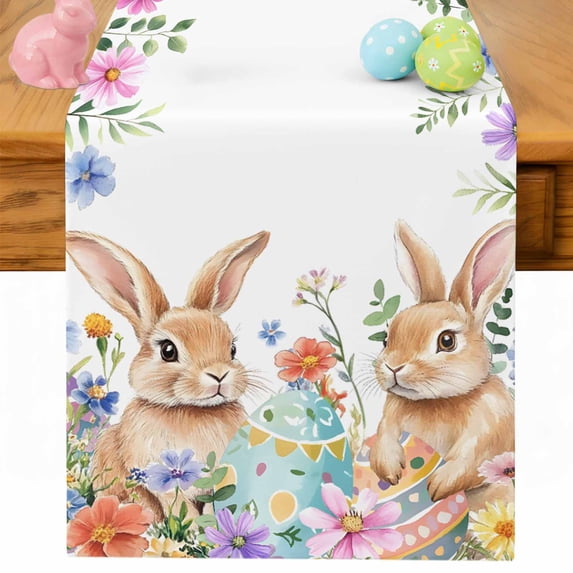 Easter Rabbit Table Runner 120 Inches Long for Kitchen Dining, Spring Flower Leaf Plant Wild Floral Dresser Scarf Farmhouse, Dining Table Decorations for Wedding/Parties, 13 x 120 In