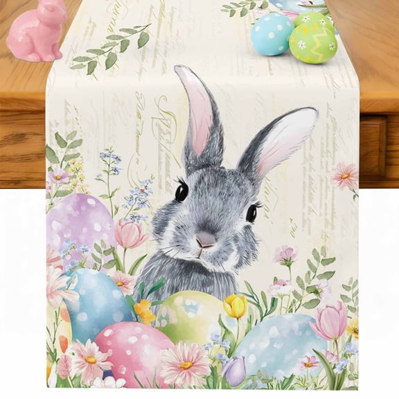 Easter Rabbit Table Runner 36 Inches Long for Kitchen Dining, Spring Colorful Eggs Wildflowers Leaves Dresser Scarf Farmhouse, Dining Table Decorations for Wedding/Parties, 13 x 36 In