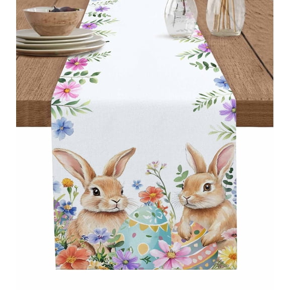 Easter Rabbit Table Runner 36 Inches, Spring Flower Leaf Plant Wild Floral Bed Runner Dresser Scarves Tabletop for Indoor Outdoor Parties/Ceremony/Banquet, 13"x 36"