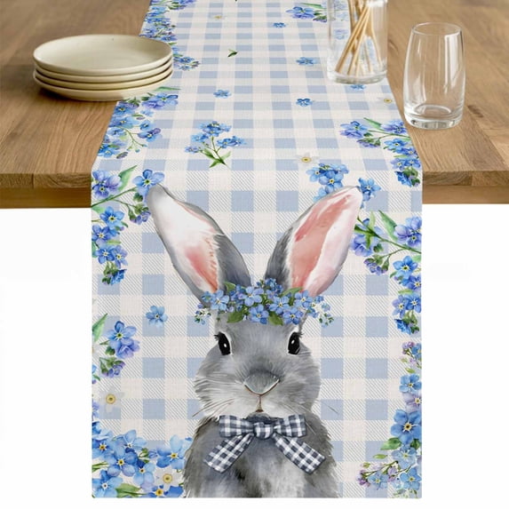 Easter Rabbit Table Runner 48 Inches Long Farmhouse Dress Scarves, Spring Cute Bunny Blue Flowers Buffalo Plaid Dining Tablerunner for Coffee Table/Kitchen Island/Party Décor, 13" x 48"