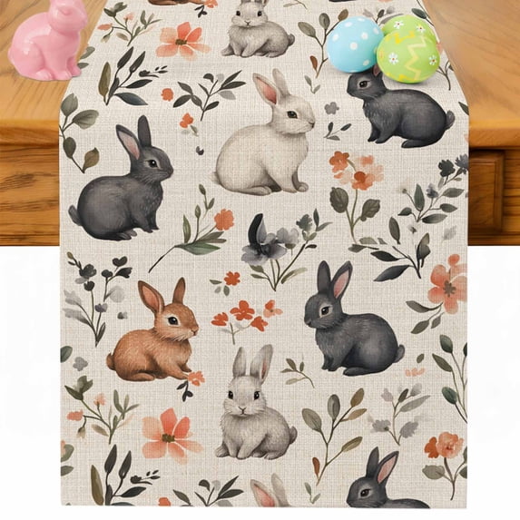 Easter Rabbit Table Runner 48 Inches Long for Kitchen Dining, Retro Pastoral Bunny Flower Watercolor Dresser Scarf Farmhouse, Dining Table Decorations for Wedding/Parties, 13 x 48 In