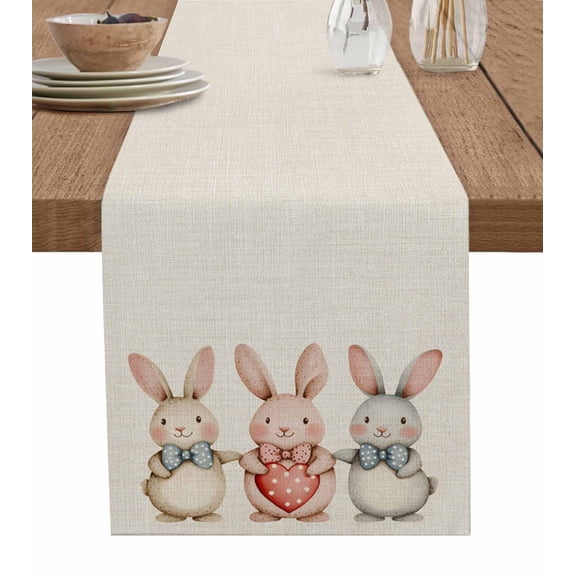 Easter Rabbit Table Runner 48 Inches, Retro Cartoon Cute Bow Bunny Love Heart Bed Runner Dresser Scarves Tabletop for Indoor Outdoor Parties/Ceremony/Banquet, 13" x 48"