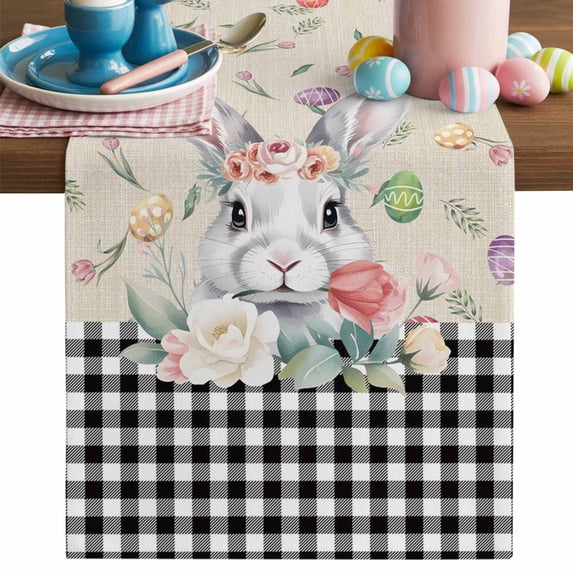 Easter Rabbit Table Runner, Easter Eggs Tulips Flower Leaf Linen Black Plaid Cotton Linen Kitchen Table Decoration Washable Dining Tabletop Runners for Home Party Decor 13x90 Inches