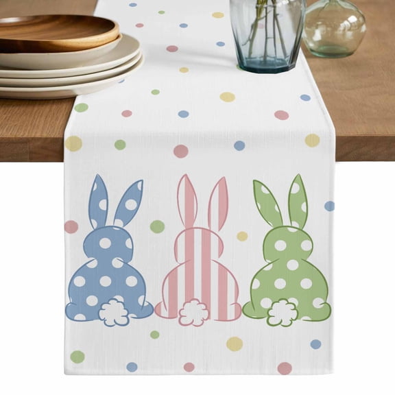 Easter Rabbit Table Runner, Pink Blue Green Bunny Spring Polka Dots Washable Cotton Linen Table Runners 108 Inches Long, Dresser Scarf Runner for Dining/Living Room/Kitchen/Square Tables 13''x108''