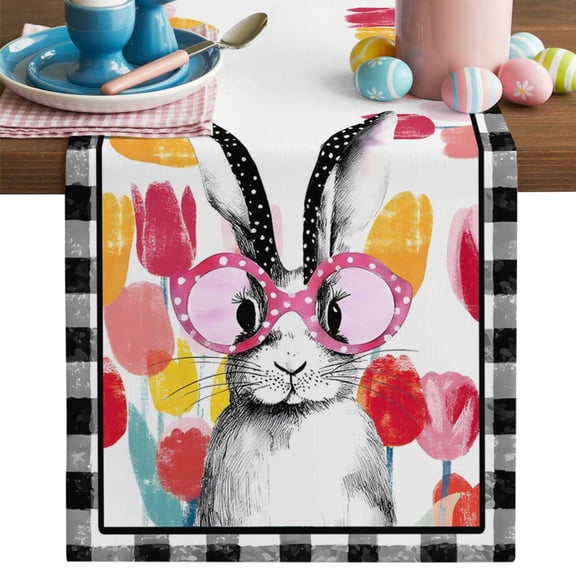 Easter Rabbit Table Runner, Pink Glasses Bunny Floral Black White Plaid Border Cotton Linen Kitchen Table Decoration Washable Dining Tabletop Runners for Home Party Decor 13x72 Inches