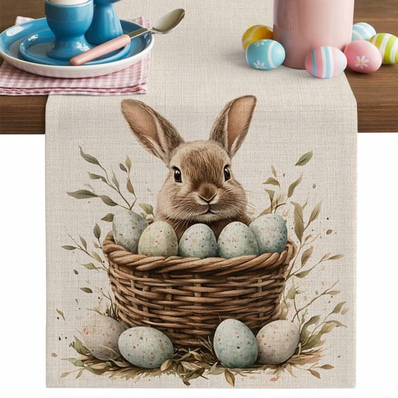 Easter Rabbit Table Runner, Vintage Basket Green Eggs Country Leaf Greenery Linen Texture Cotton Linen Kitchen Table Decoration Washable Dining Tabletop Runners for Home Party Decor 13x120 Inches