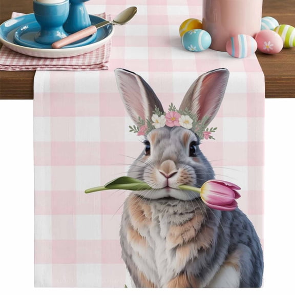 Easter Rabbit Table Runner, Watercolor Grey Rabbit Biting A Pink Tulip Floral Pink Plaid Cotton Linen Kitchen Table Decoration Washable Dining Tabletop Runners for Home Party Decor 13x36 Inches