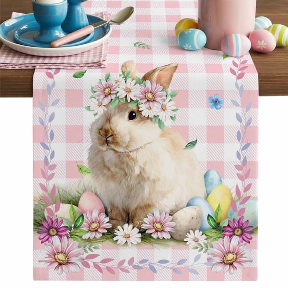 Easter Rabbit Table Runner, Watercolor Spring Bunny Eggs Floral Pink Plaid Cotton Linen Kitchen Table Decoration Washable Dining Tabletop Runners for Home Party Decor 13x72 Inches