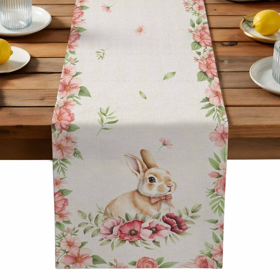 Easter Rabbit Table Runner, Watercolor Spring Pink Red Gradient Floral Linen Texture Washable Kitchen Table Runners Dress Scarves for Dining Table Decorations Party, 13x36in