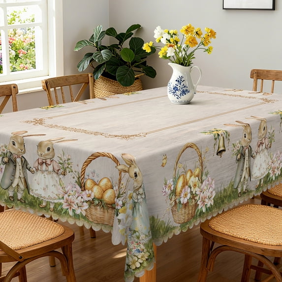Easter Rabbit Tablecloth Rectangle, Waterproof Floral Table Cover, Wrinkle-Resistant Dining Table Protector