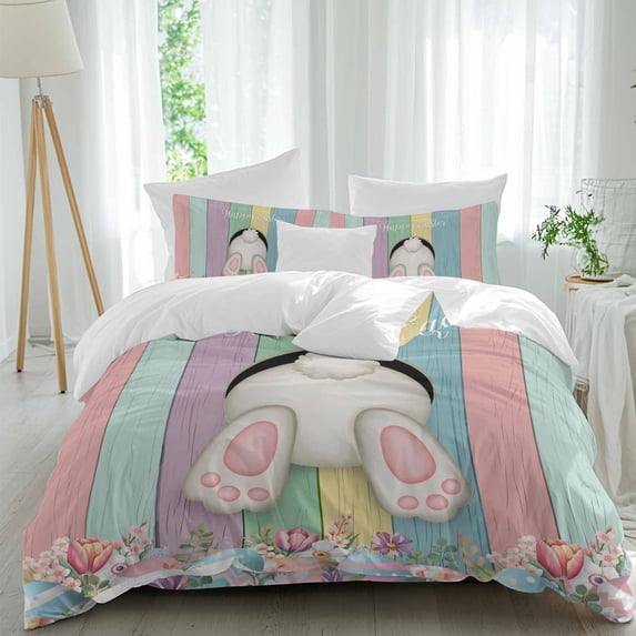 Easter Rabbit Tail Full Size Comforter Set, Spring Floral Easter Eggs Colorful Wood Grain Bedding for All Seasons, 4 Pcs Bed Set, 1Quiltcover (86"x86") ,1Sheet(80"x116"), 2Pillowcases (30"x20")