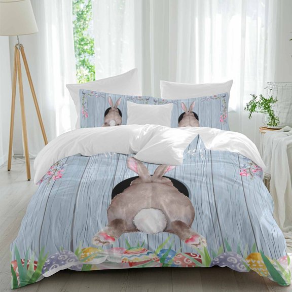 Easter Rabbit Tail Full Size Comforter Set, Spring Floral Easter Eggs Grass Blue Wood Grain Bedding for All Seasons, 4 Pcs Bed Set, 1Quiltcover (86"x86") ,1Sheet(80"x116"), 2Pillowcases (30"x20")