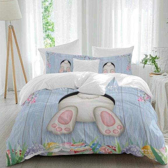 Easter Rabbit Tail Full Size Comforter Set, Spring Floral Grass Easter Eggs Blue Wood Grain Bedding for All Seasons, 4 Pcs Bed Set, 1Quiltcover (86"x86") ,1Sheet(80"x116"), 2Pillowcases (30"x20")