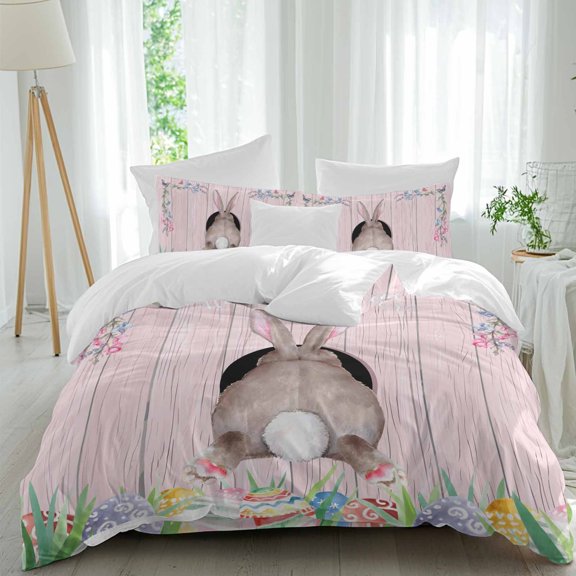 Easter Rabbit Tail Queen Size Comforter Set, Spring Floral Easter Eggs Grass Pink Wood Grain Bedding for All Seasons, 4 Pcs Bed Set, 1Quiltcover (90"x92") ,1Sheet(94"x116"), 2Pillowcases (30"x20")