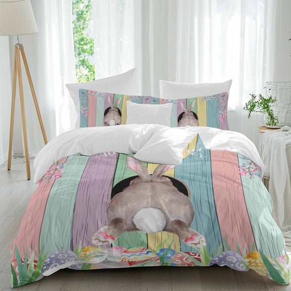 Easter Rabbit Tail Queen Size Comforter Set, Spring Floral Egg Grass Colorful Wood Grain Bedding for All Seasons, 4 Pcs Bed Set, 1Quiltcover (90"x92") ,1Sheet(94"x116"), 2Pillowcases (30"x20")