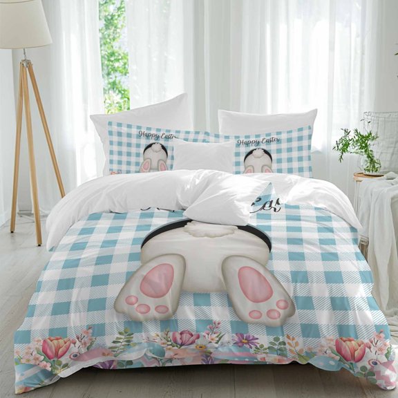 Easter Rabbit Tail Queen Size Comforter Set, Spring Floral Leaf Easter Eggs Blue Plaid Bedding for All Seasons, 4 Pcs Bed Set, 1Quiltcover (90"x92") ,1Sheet(94"x116"), 2Pillowcases (30"x20")