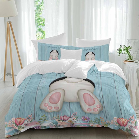 Easter Rabbit Tail Queen Size Comforter Set, Spring Floral Leaf Easter Eggs Blue Wood Grain Bedding for All Seasons, 4 Pcs Bed Set, 1Quiltcover (90"x92") ,1Sheet(94"x116"), 2Pillowcases (30"x20")