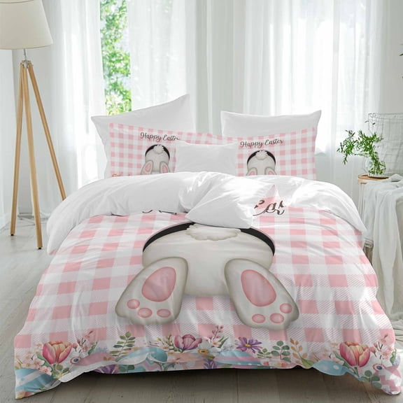 Easter Rabbit Tail Queen Size Comforter Set, Spring Floral Leaf Easter Eggs Pink Plaid Bedding for All Seasons, 4 Pcs Bed Set, 1Quiltcover (90"x92") ,1Sheet(94"x116"), 2Pillowcases (30"x20")