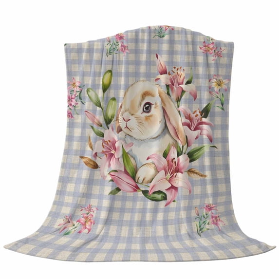Easter Rabbit Throw Flannel Blanket Vintage Spring Pink Floral Bunny Purple Plaid Super Soft Cozy Bed Blanket, Lightweight Plush Fuzzy Bed Throw for Bedroom Sofa Couch Living Room 32x48In,
