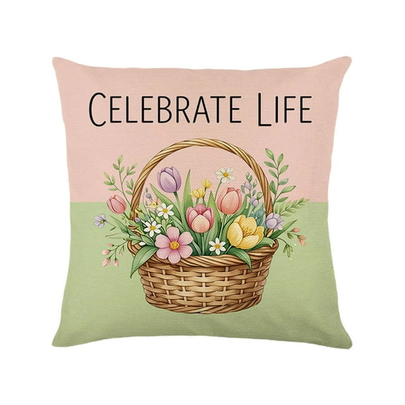 Easter Rabbit Throw Pillow Covers 18x18 Inch Cute Bunny Cotton Linen Square Cushion Case Spring Colorful Floral Easter Theme Decorative Pillowcase for Home Bench Couch Sofa