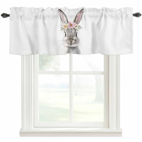 Easter Rabbit Valances for Windows Watercolor Spring Pink Yellow Floral Leaf Wreath Bunny Rod Pocket Curtain Valance Window Treatment Short Curtains for Kitchen Living Room, 42"x18"