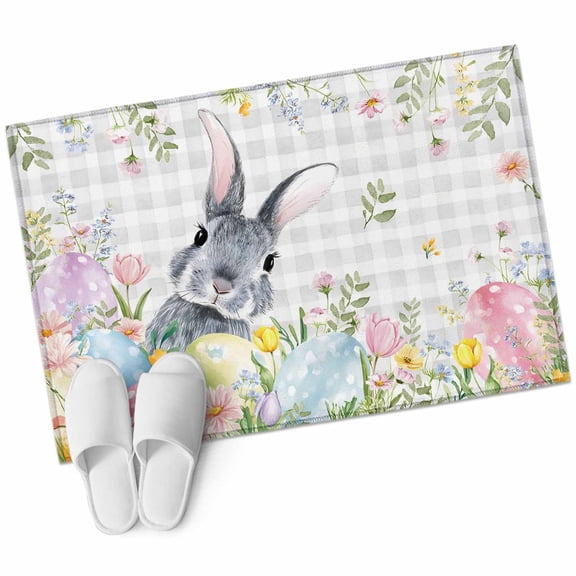 Easter Rabbit Washable Area Rug 2 x 3 ft Watercolor Floral Colored Eggs Light Grey Plaid, Soft Non Slip Rugs Stain Repellent Indoor Felt Carpet for Living Dining Room Bedroom Home Office