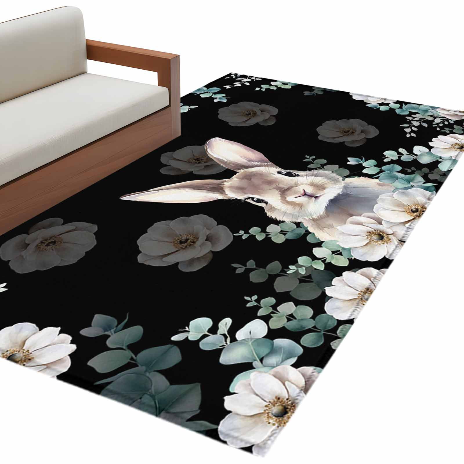 Easter Rabbit Washable Area Rug 3 x 5 ft Watercolor Bunny White Floral ...