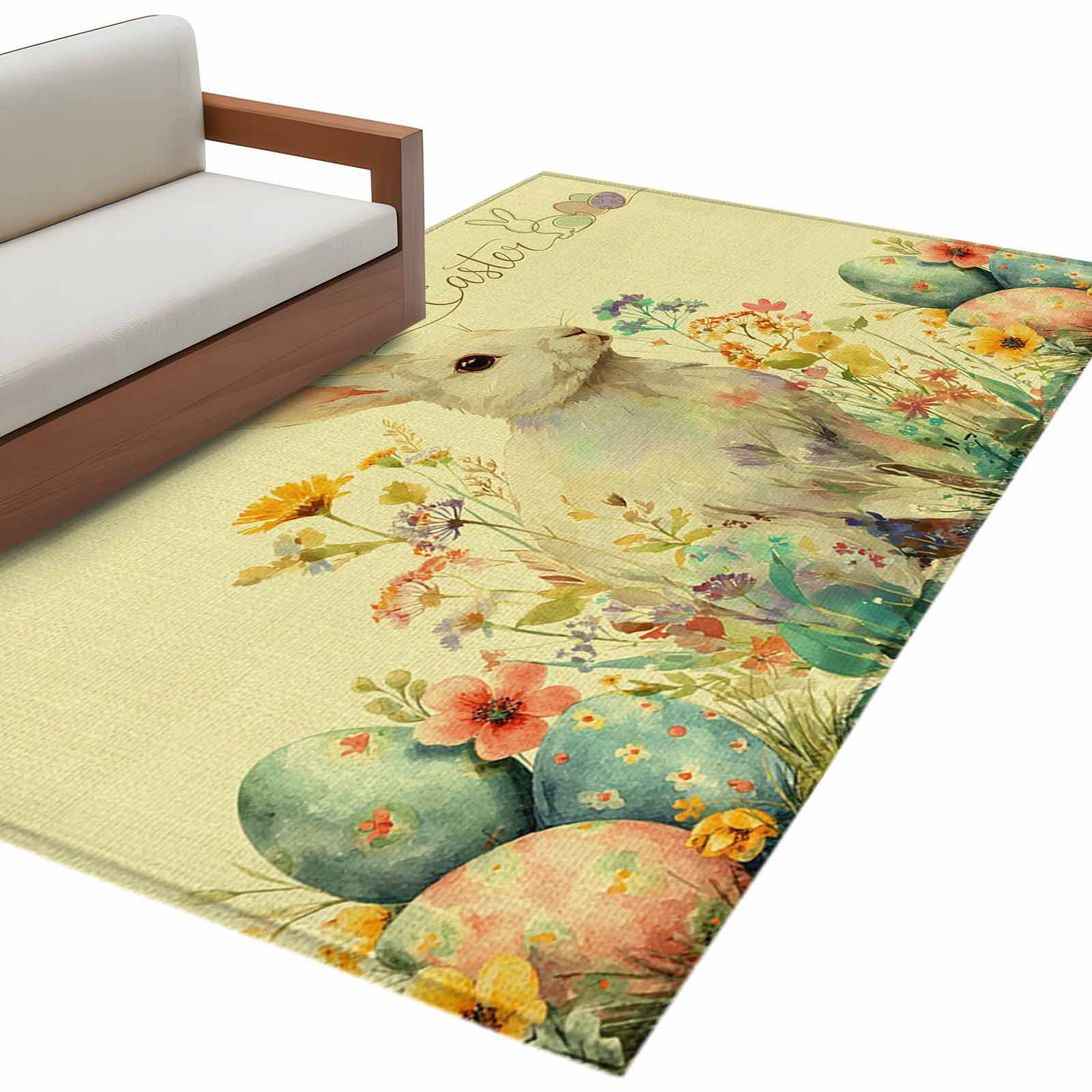 Easter Rabbit Washable Area Rug 4 x 6 ft Watercolor Colorful Floral ...