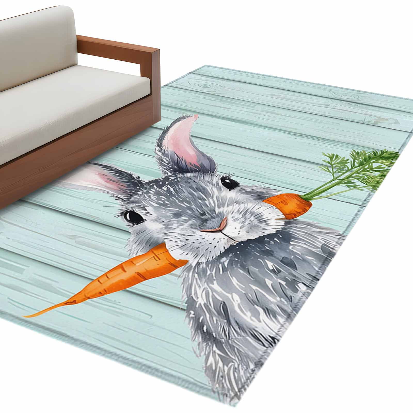 Easter Rabbit Washable Area Rug 4 x 6 ft Watercolor Spring Bunny Carrot ...