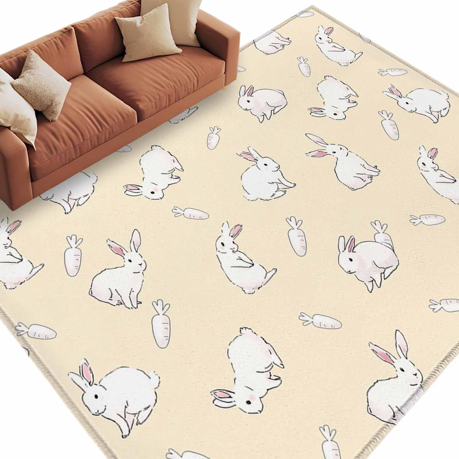 Easter Rabbit Washable Area Rug 5 x 7 ft Cute White Bunny Carrots ...