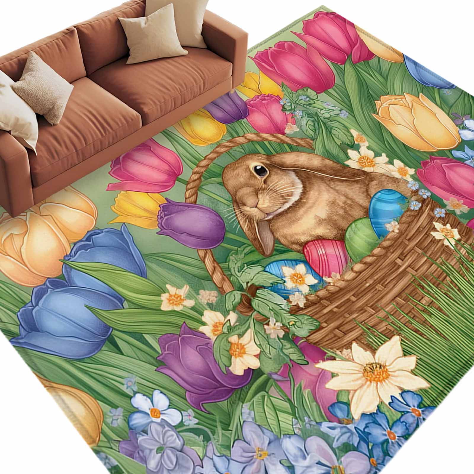 Easter Rabbit Washable Area Rug 5 x 7 ft Spring Eggs Basket Colorful ...