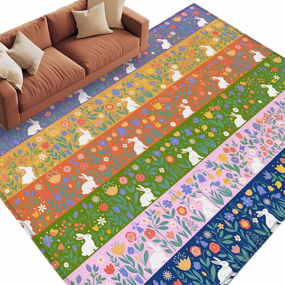 Easter Rabbit Washable Area Rug 5 x 8 ft Colorful Spring Striped Flower Spring Cartoon Animal, Soft Non-Slip Rugs Stain Repellent Indoor Felt Carpet for Living Dining Room Bedroom Home Office