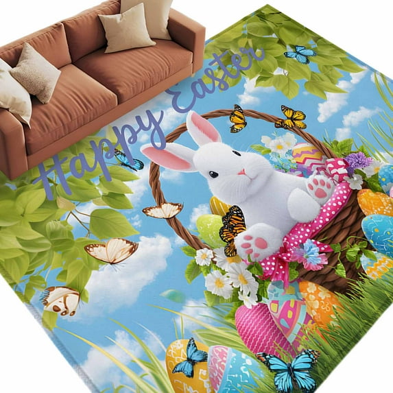 Easter Rabbit Washable Area Rug 6 x 9 ft Spring Bunny Eggs Butterfly ...