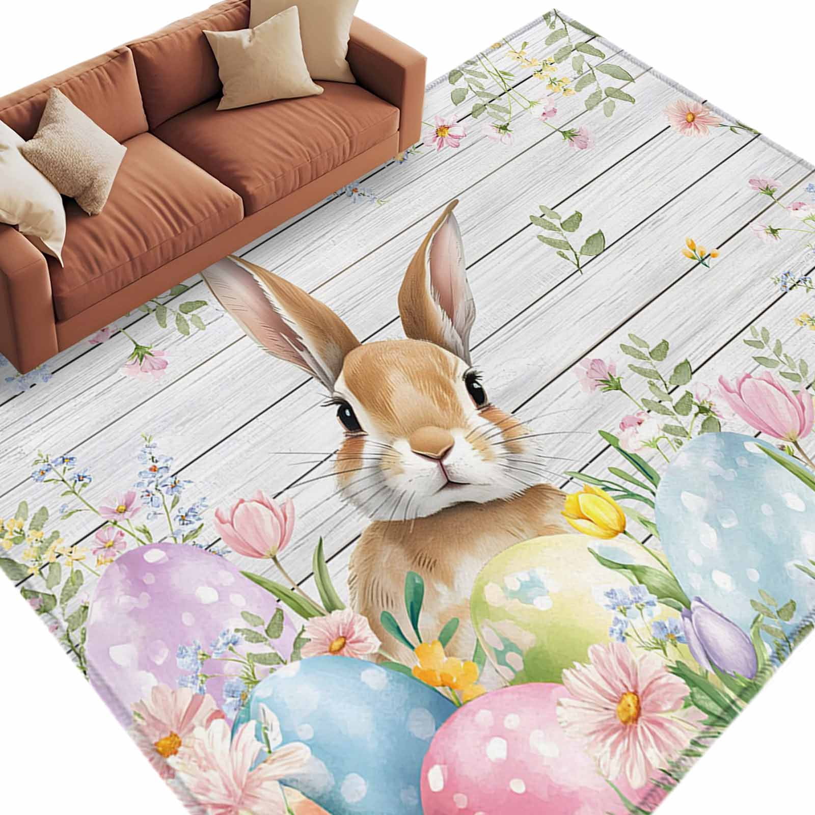 Easter Decor Rug Easter Rabbit Washable Area Rug 6 x 9 ft Spring Floral Colored Eggs ...