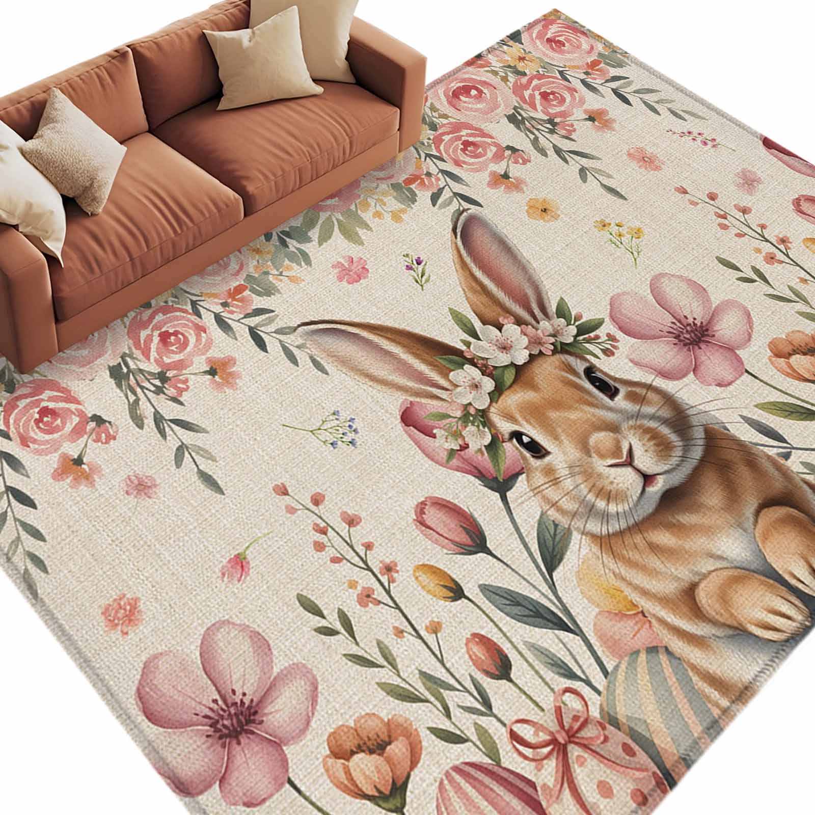 Pink Easter Rug Easter Rabbit Washable Area Rug 6 x 9 ft Spring Watercolor Pink Floral ...