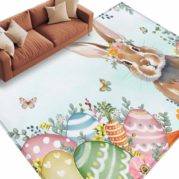 Easter Rabbit Washable Area Rug 6 x 9 ft Watercolor Floral Bunny Colored Eggs Gradient Green, Soft Non Slip Rugs Stain Repellent Indoor Felt Carpet for Living Dining Room Bedroom Home Office